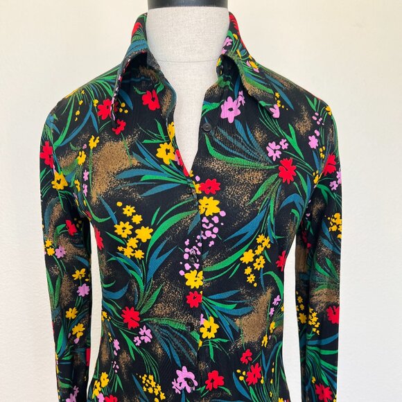 70's Tarvi Black Floral Print Blouse - SIze Small/Mediu - Picture 3 of 8